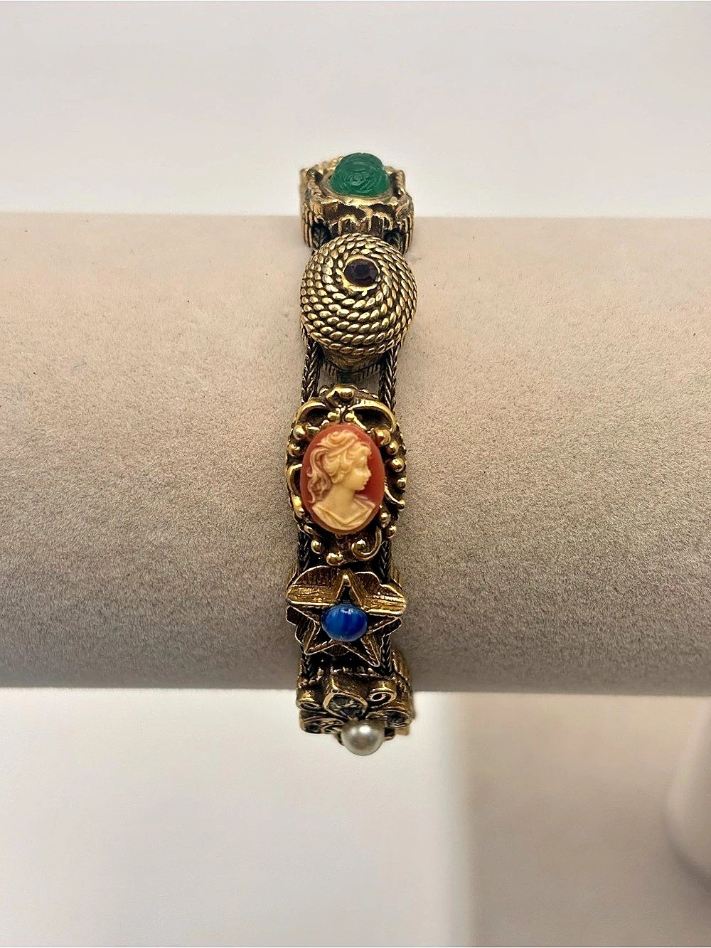 Rare Goldette NYC Slide Bracelet Cameo Scarab Bee Victorian Revival